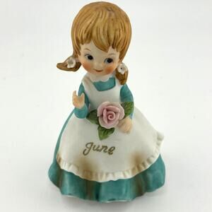 JUNE Kelvin Adorable Vintage Girl Figurine Pink Flower C-775 Retired Pigtails